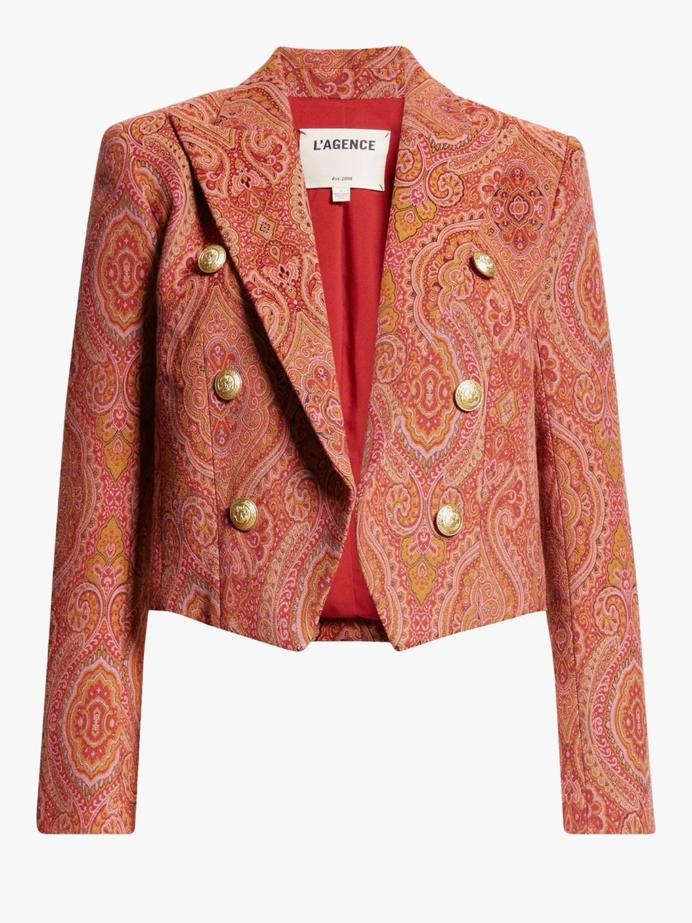 L'AGENCE Coral Paisley Double-Breasted Cropped Blazer